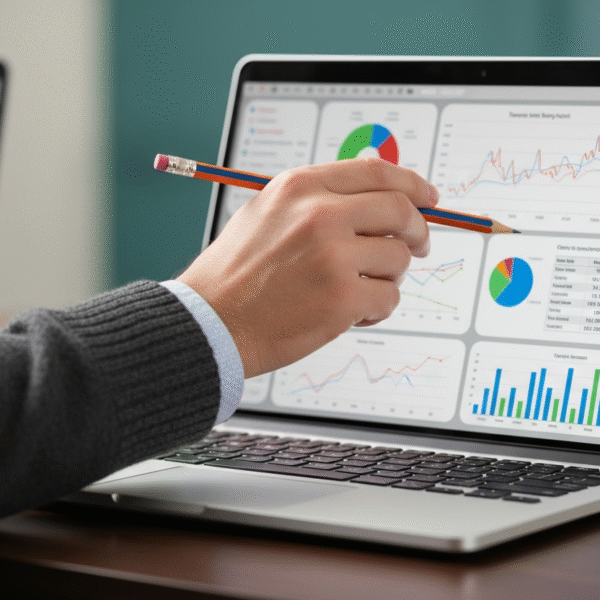 Das Bild zeigt einen offenen Laptop mit einigen Analyse-Grafiken. Eine Hand hält einen Bleistift und zeigt auf den Laptop.